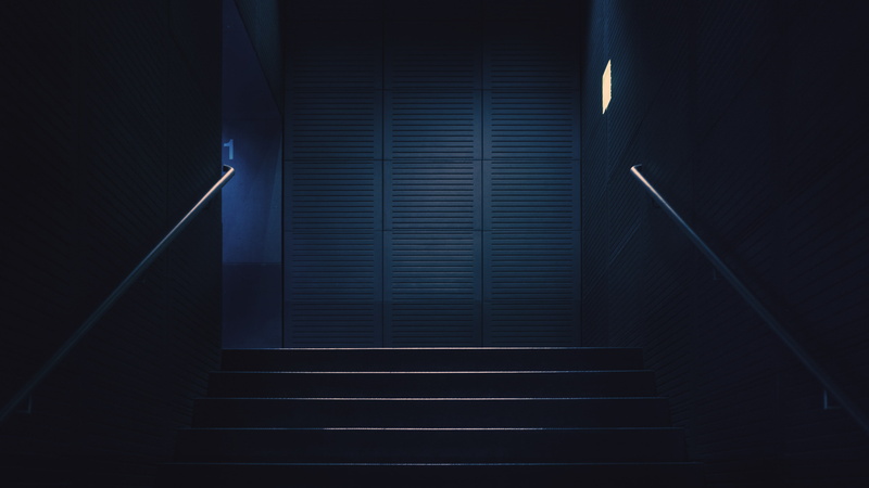 4K, lights, stairway, handrail, blue, numbers, dark, stairs