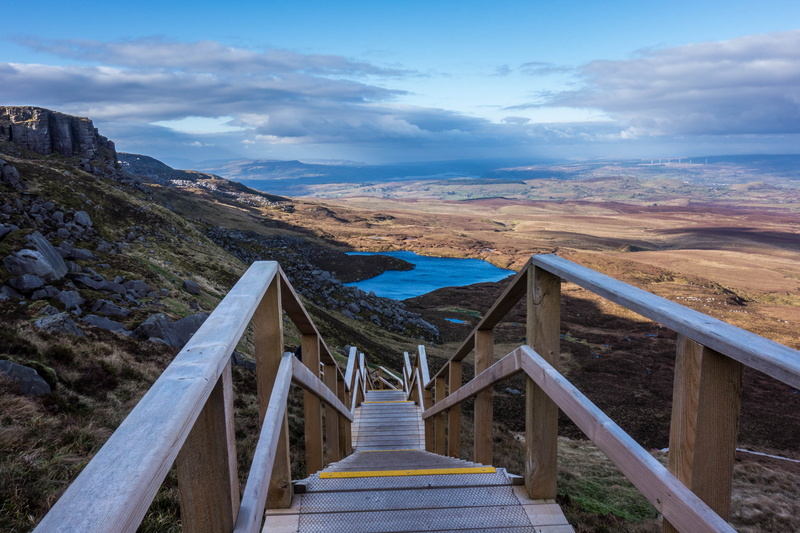 2K, blanket bog, Unesco  global geopark, stairway, walkway, brown, outdoors, buttress, cuilcagh, Cuilcagh Mountain, wooden, landscape, nature, mountain