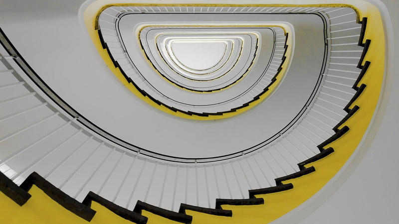 staircase, spiral staircase, 1080P, railing, building, pattern, no people, high angle view, spiral, modern, architecture, built structure, illustration
