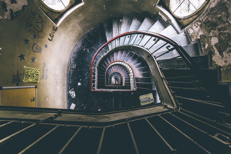 spiral staircase, high angle view, pattern, spiral, building, architecture, travel destinations, railing, stairs, built structure, indoors, steps and staircases