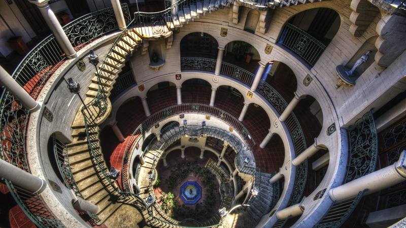 2K, day, staircase, travel destinations, low angle view, travel, building, built structure, stairs, steps and staircases, spiral, building exterior, railing