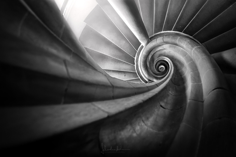 directly below, monochrome, architecture, staircase, spiral, 1080P, no people, design, Sebastian Hahn, building, geometric shape, day, swirl, diminishing perspective