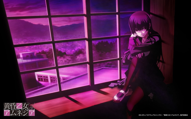 window, purple, dusk, long hair, 720P, art, girls, anime, school, school uniforms, hd, eyes, technology, kanoe, windows, o, panes, maiden, yuuko, hair