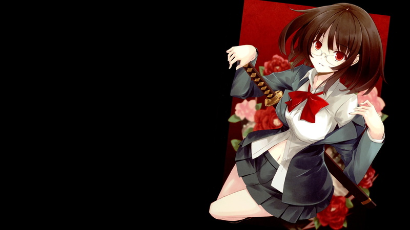 glasses, 1080P, blade, art, eyes, durarara, sonohara, school, uniforms, bac, Katana, school uniforms, simple, hd, schoolgirls, red, skirts, anri, people