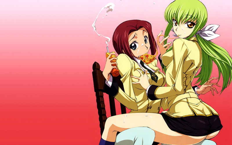 pizza, hair, geass, hd, stadtfeld, yuri, code, school uniforms, cc, Code Geass, uniforms, art, girls, green, school, 1080P, kallen, x, anime