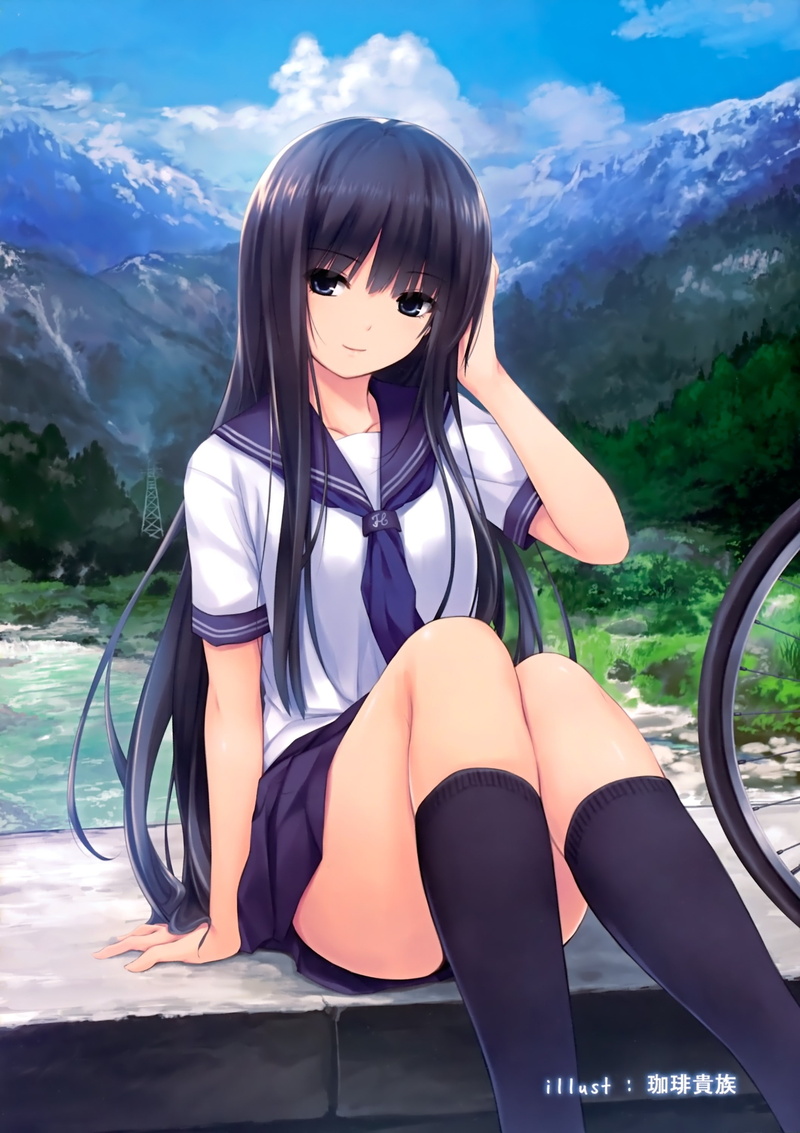 Clouds, blue, skirts, sc, eyes, landscapes, socks, mountains, uniforms, hd, long, nature, hair, bicycles, art, schoolgirls, 2K, school