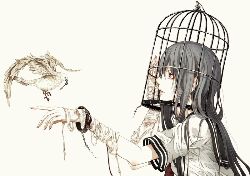 BIRDS, red, school, animals, cage, anime, girls, school uniforms, x, hd, 720P, eyes, art, bandages, uniforms