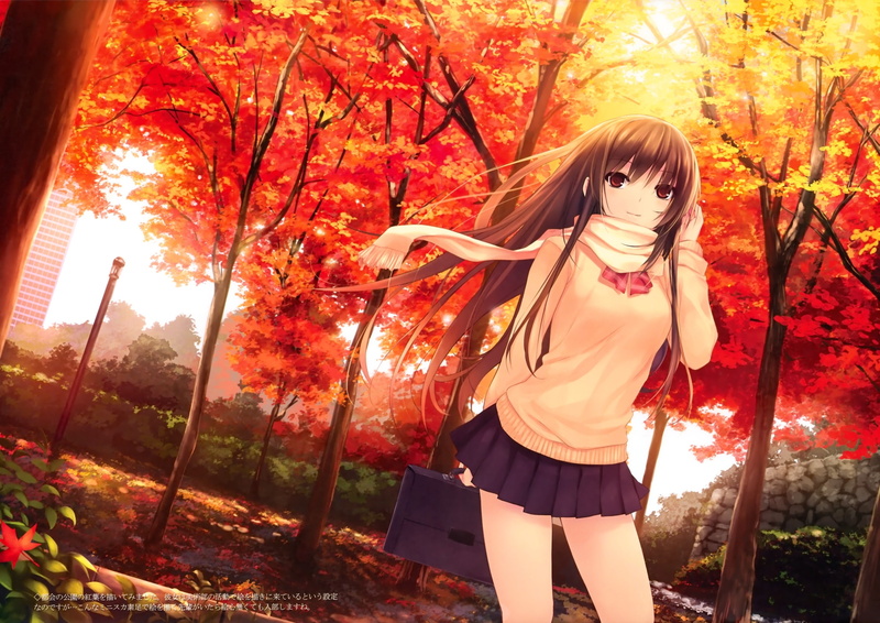 leaves, hd, nature, long, brown, scarfs, school, 2K, seasons, coffeekizoku, hair, eyes, anime, seifuku, school uniforms, autumn, girls, uniforms, brown eyes