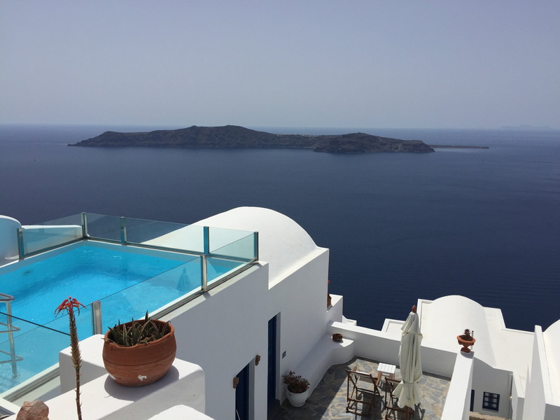 high angle view, body, swimming pool, island, day, architecture, aerial, pool, luxury, greek island, horizon over water, horizon, steps and staircases