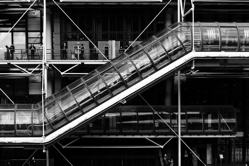 built structure, france, industry, architecture, metal, mecanic stairs, glass - material, escalator, low angle view, steps and staircases, reflection, railing