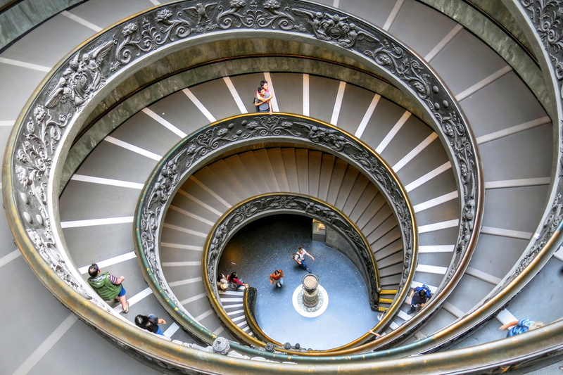 stone, 4K, Spiral, real people, crowd, Vatican Museum, travel, directly above, adult, lifestyles, ornate, descending, group of people, built structure