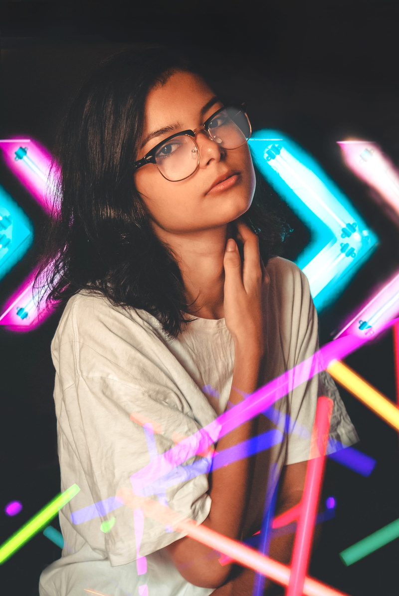 lights, hairstyle, young adult, one person, glasses, lifestyles, woman, light - natural phenomenon, white, multi colored, pose, effect, eyeglasses, neck