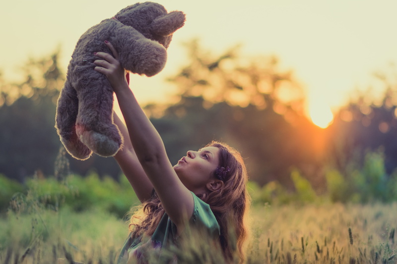 plush, field, teddy bear, toy, 5K, one person, nature, holding, portrait, sky, brown, shirt, person, offspring, looking, plant, bear, children only, model