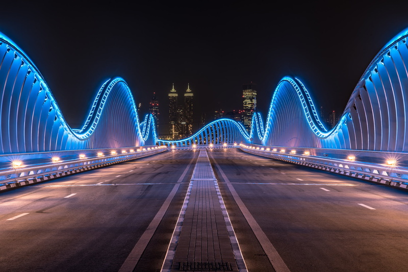 office building exterior, built structure, sky, road, nature, outdoors, street, night, 1080P, travel destinations, the city, modern, arch bridge, transportation