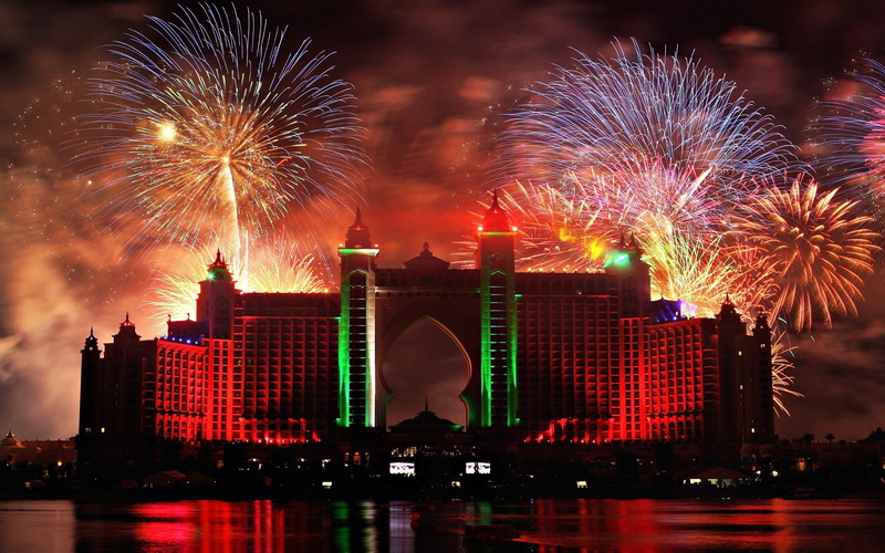 night, Abu Dhabi, building exterior, water, illuminated, motion, 2K, skyscraper, new years eve, fireworks, building, event, exploding, city, cityscape