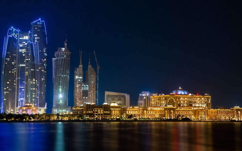 built structure, modern, bay, no people, tall - high, architecture, 1080P, Cities, night, outdoors, illuminated, tower, Abu Dhabi, sky, urban skyline