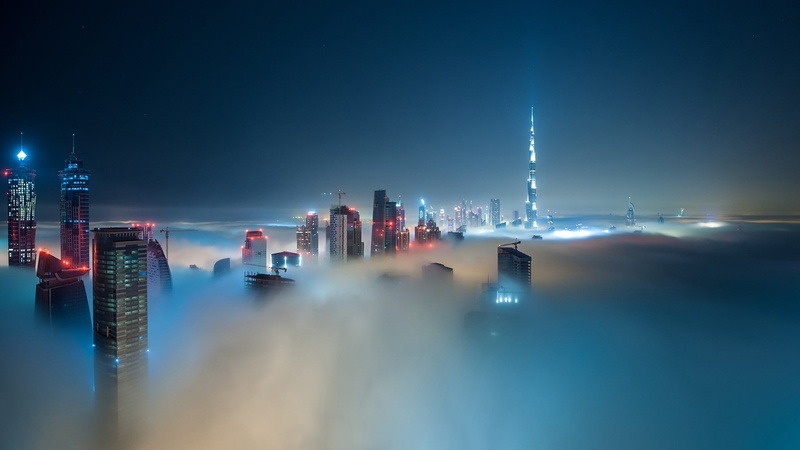 skyscraper, cityscape, Dubai, Burj Khalifa, 1080P, city, night, mist, clouds, building