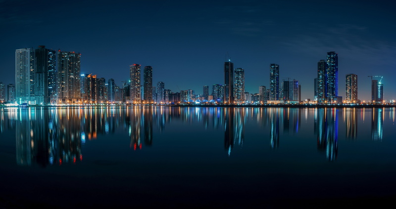 Sharjah, Persian Gulf, home, water, The Persian Gulf, night city, reflection, building, UAE, skyscrapers, 8K