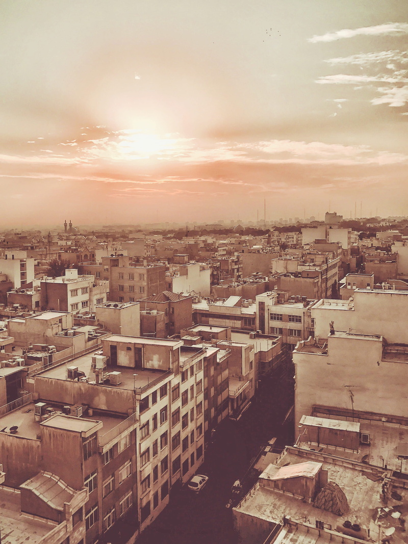 settlement, apartment, outdoors, tehran province, city life, sunset, sky, built structure, 2K, sun, cityscape, city, residential district, sunrise, high angle view