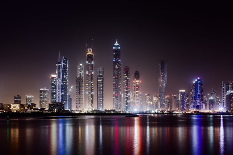 outdoors, architecture, tall - High, residential District, United Arab Emirates, business, tower, purple, cityscape, night, waterfront, china - East Asia