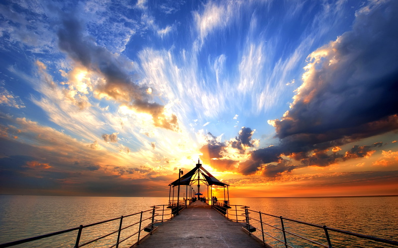 beige, photography, pier, 2K, sky, sea, dock, sunset
