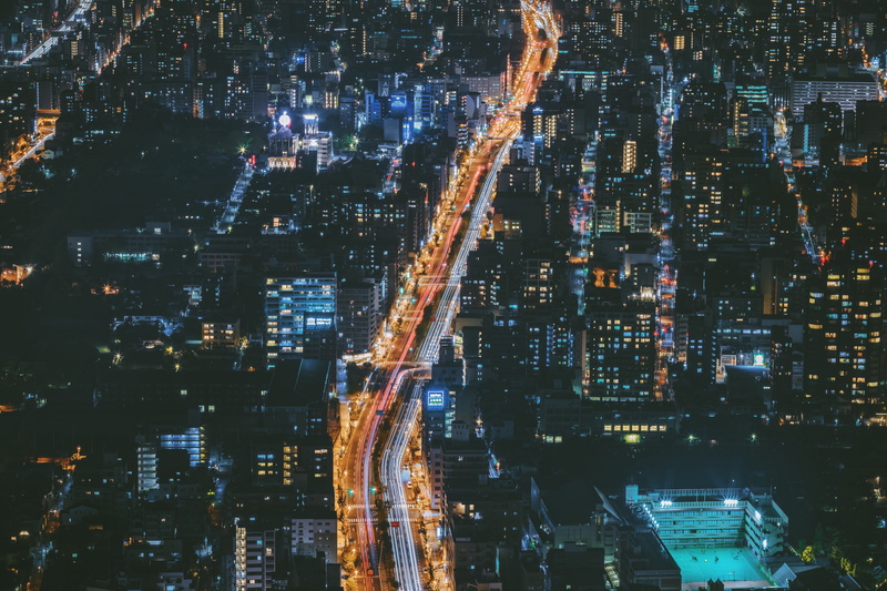 buildings, road, view from above, 5K, night city