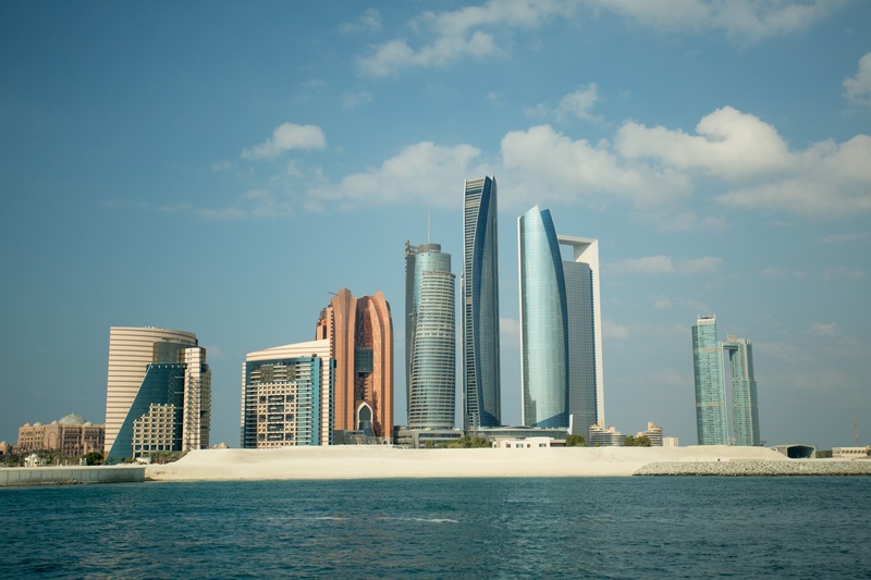 concrete, zayed, water, gray, office building exterior, skyscraper, building Exterior, waterfront, downtown District, dhabi, day, blue, outdoors, urban