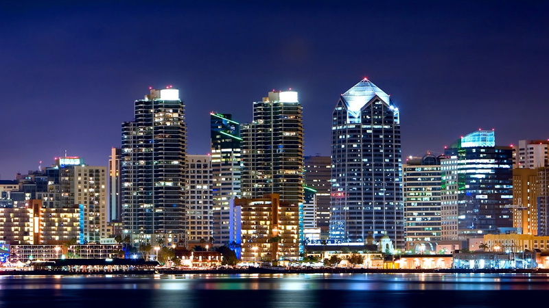 harbor, twilight, blue, travel Destinations, night, illuminated, uSA, office building exterior, lights, river, outdoors, buildings, downtown District, light - Natural Phenomenon