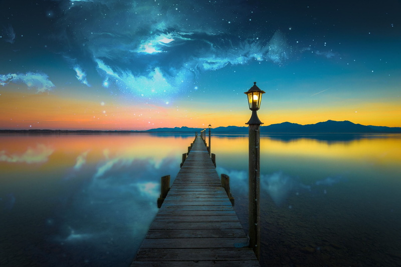 lake, nebula, summer, water, tranquility, tranquil Scene, beach, scenics - nature, night, nature, backgrounds, vacations, no people, sunset, wood - Material