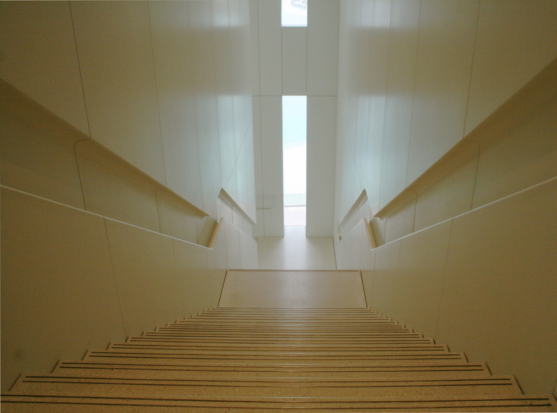 empty, absence, railing, architecture, downwards, apple store, the way forward, building, sunlight, illuminated, low angle view, wall - building feature