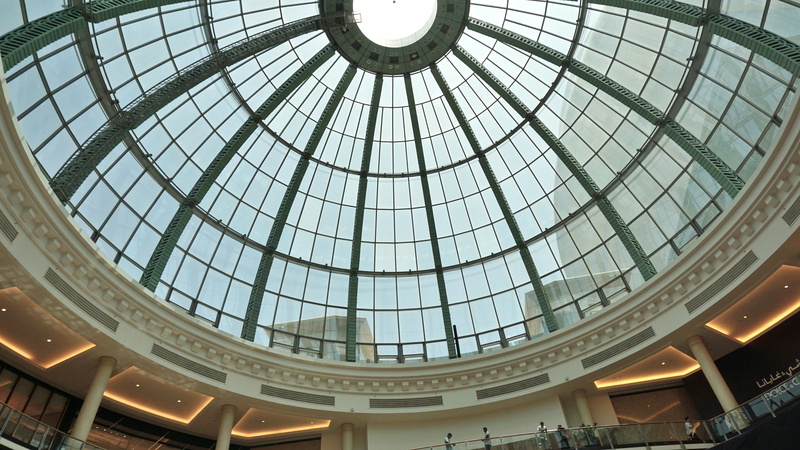 modern, architecture and art, shopping mall, built structure, 5K, ornate, transparent, skylight, architectural feature, illuminated, low angle view, luxury
