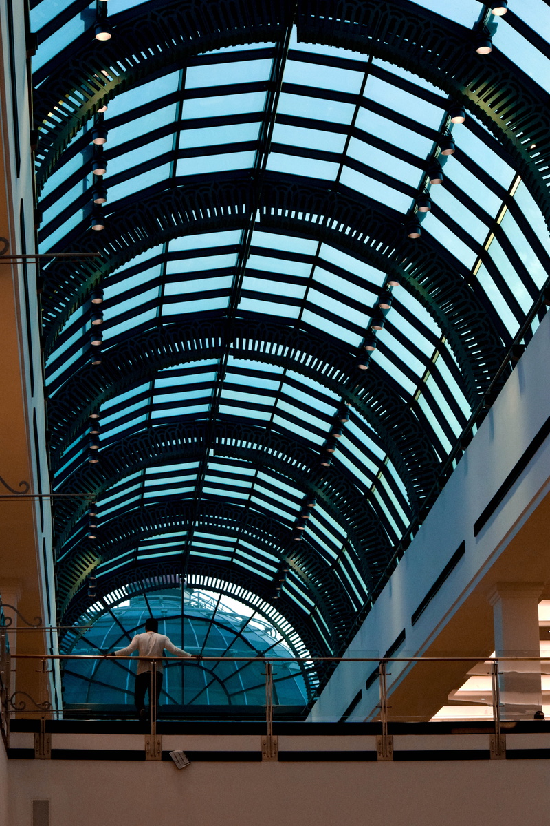 modern, low angle view, design, lifestyle, mall of the emirates, metal, built structure, indoors, building, architectural feature, view, no people, glass - material