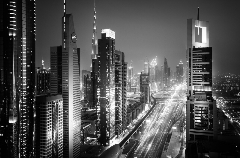 black and white photo, light, Dubai, 1080P, UAE, lights, night, the city