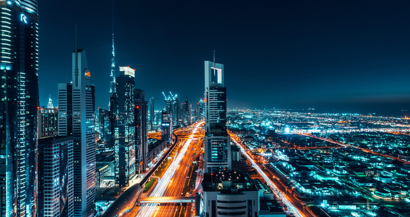 modern, time, burj, building exterior, building, development, motion, road, long exposure, no people, car, built structure, light, downtown district, night shot