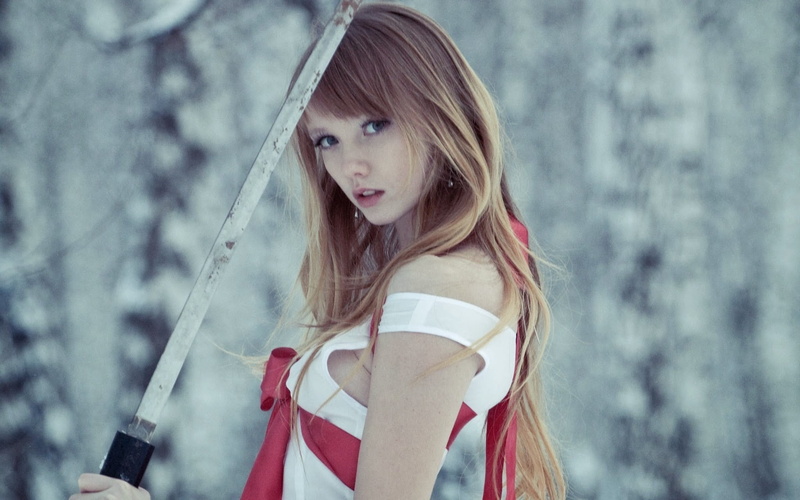 contemplation, bangs, looking at camera, portrait, model, sword, long hair, childhood, one person, holding, child, looking, hair, women, 1080P, innocence