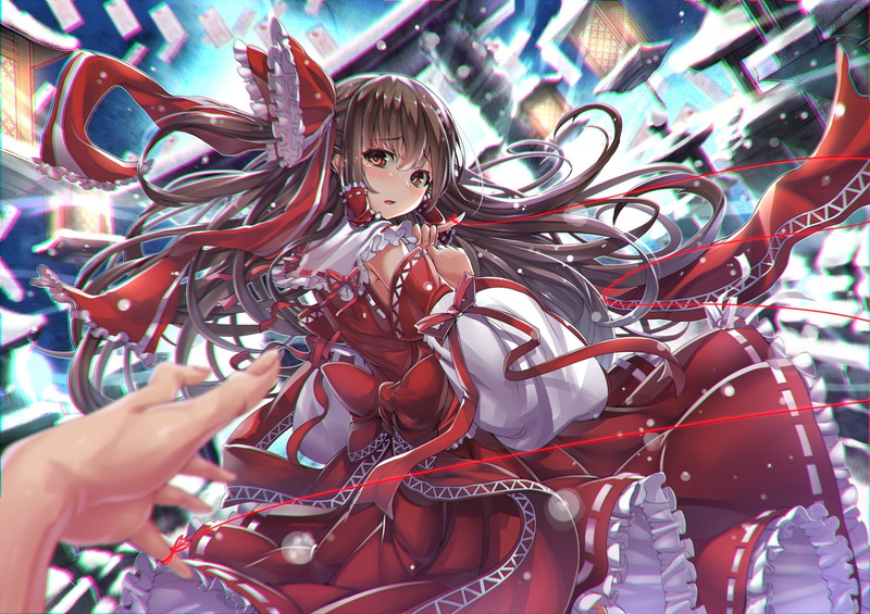 women, multi colored, tangled, art and craft, anime, decoration, real people, outdoors, anime girls, representation, miko, brunette, Hakurei Reimu, 1080P
