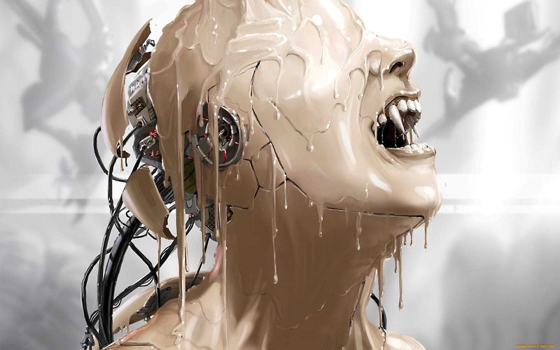 1080P, women, wires, open mouth, head, digital art, vampires, cyborg, technology, fantasy art, fangs, robot, artwork