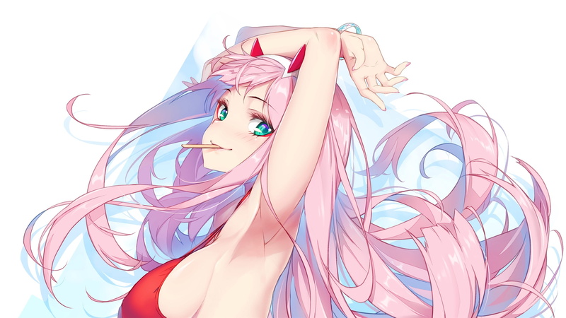 2K, pink hair, smile, green eyes, horns, arms up, sideboob, looking at viewer, Zero Two (Darling in the FranXX), long hair