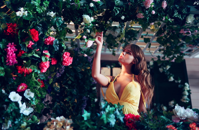 young women, sideboob, flower, flowering plant, nature, dress, fragility, beautiful woman, vulnerability, young adult, leisure activity, outdoors, long hair