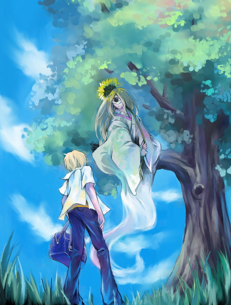 women, dress, 720P, nature, human representation, young adult, blue, green color, female likeness, day, Natsume Yuujinchou, outdoors, beauty in nature