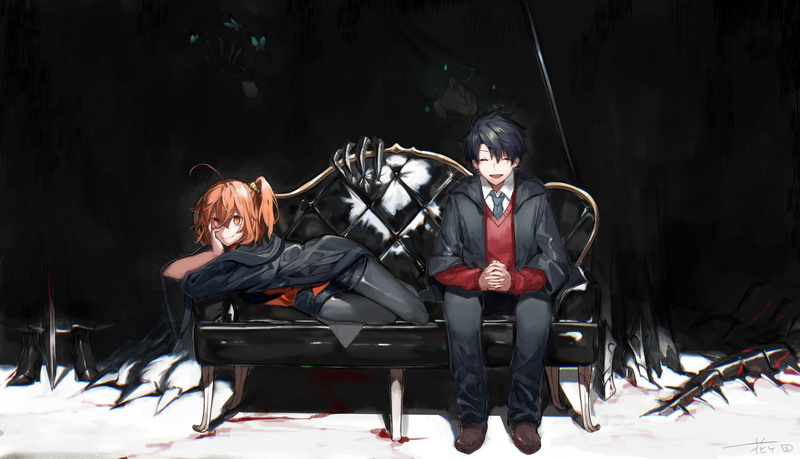 couch, black background, people, gudako, ritsuka fujimaru, fate grand order, men, young adult, males, chair, business, Anime, well-dressed, mature adult