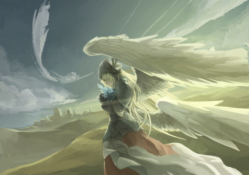 girl, anime, wings, clouds, angel, the sky, art, 1080P, avamone