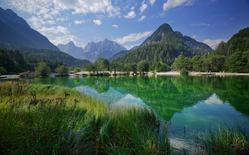 slovenia, 4K, mountain range, day, no people, grass, water, desktop, hd, idyllic, nature, gora, sky, tranquil scene, lake, kranjska, tranquility