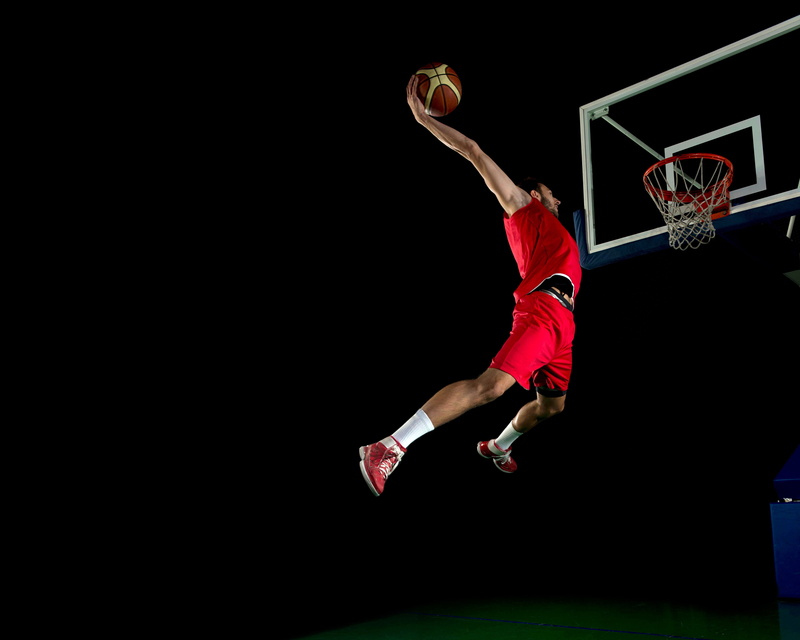 athlete, black background, form, sneakers, throw, the ball, red, basketball, basket, mesh, t-shirt, male, jump, socks, 4K, shorts