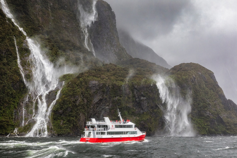New Zealand, mountains, boat, 1080P, Southland, Milford Sound, Bay Milford, waterfalls, The Fiordland national Park, Fiordland National Park