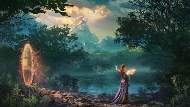 landscape, women outdoors, White Mountains, drawing, Robe, lake, digital painting, quills, dragon, artwork, magic, sun rays, Portal, Zsolt Kosa, mountains
