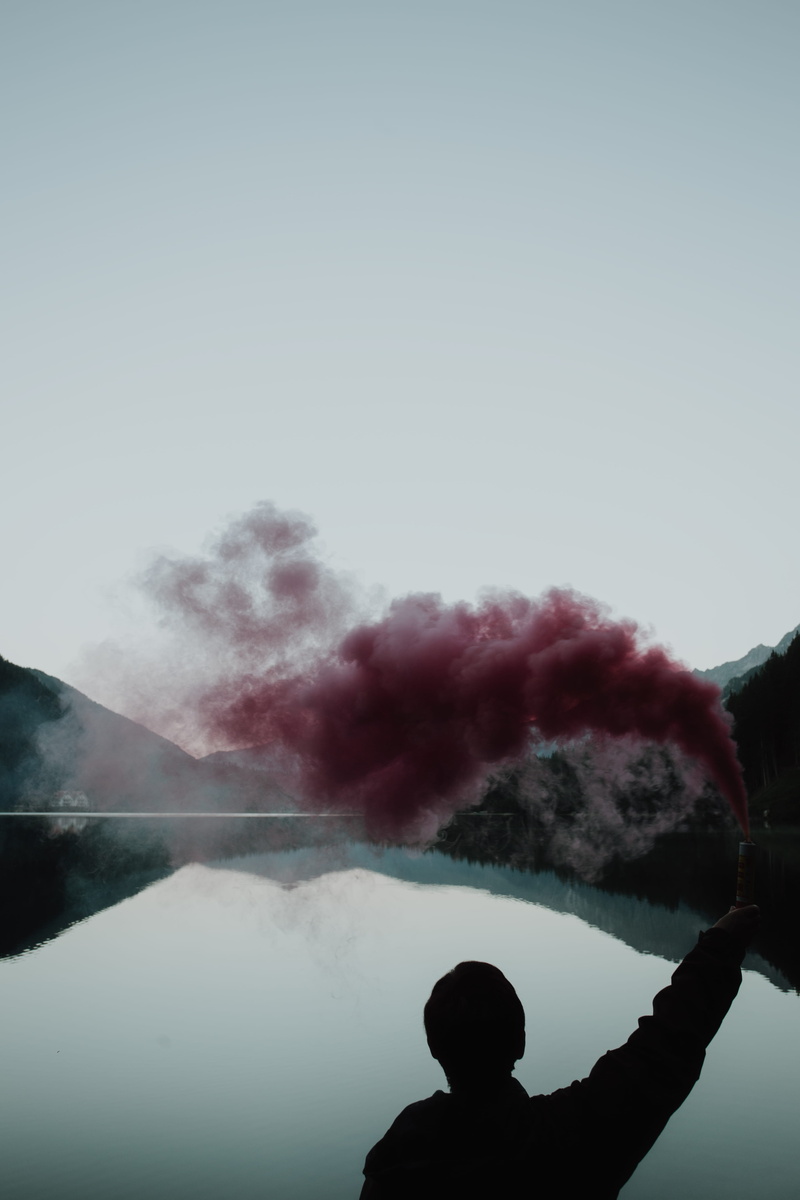 red, one Person, fog, nature, danger, silhouette, sky, mountian, blue hour, smoke, outdoors, color Image, reflection, person, cloud - Sky, people, men
