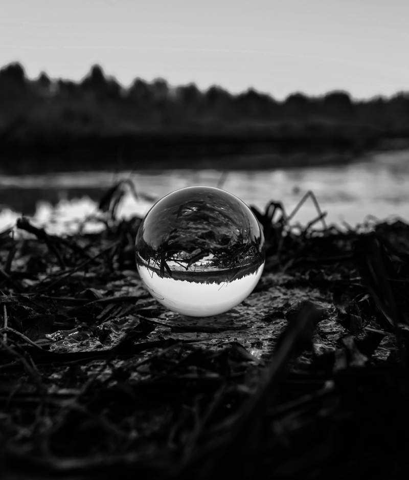 clear sky, smooth, plant, outdoors, tranquil scene, tar, sphere, landscape, land, tranquility, forground, dandrew, selective focus, reflection, 4K, crystal ball