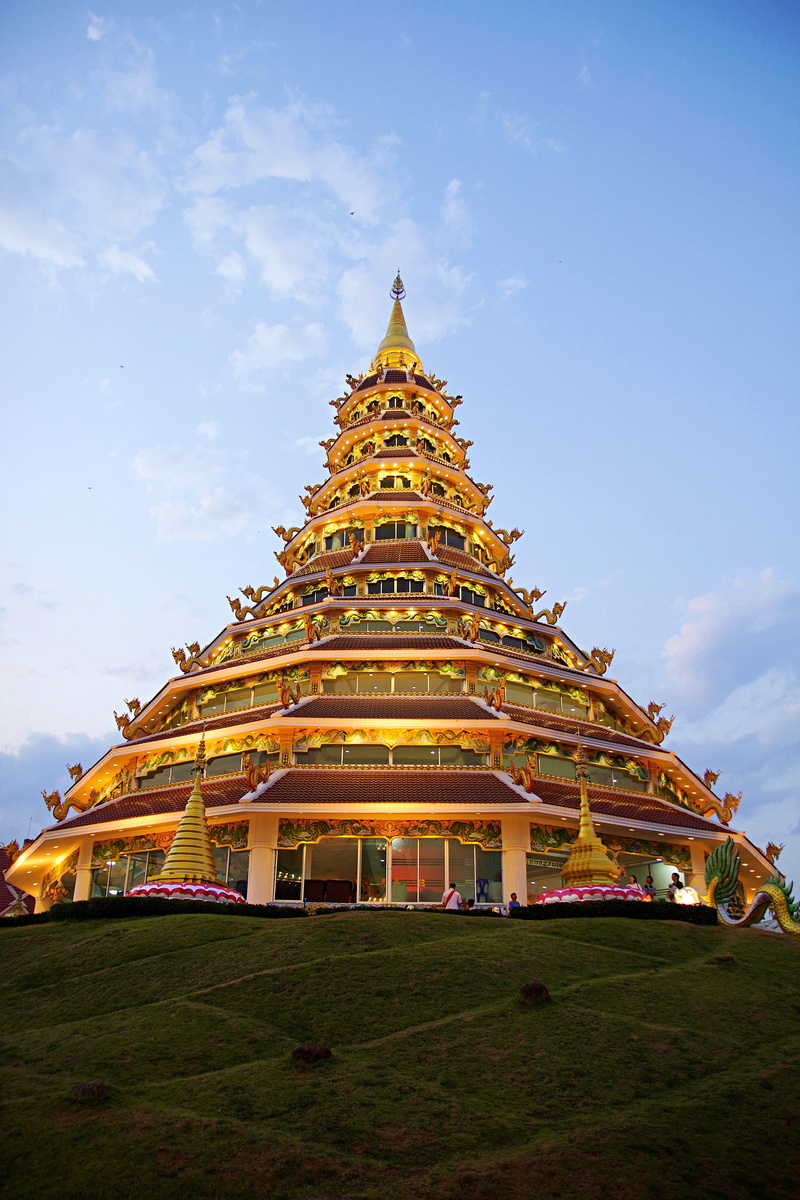 belief, building, cloud - sky, chiang rai, wat huai pla kung, light source, travel destinations, building exterior, evening sky, dusk, gold colored, sky