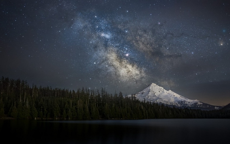 lake, snowy peak, Mount Hood, forest, nature, Milky Way, long exposure, 480P, mountains, galaxy, Oregon, landscape, starry night